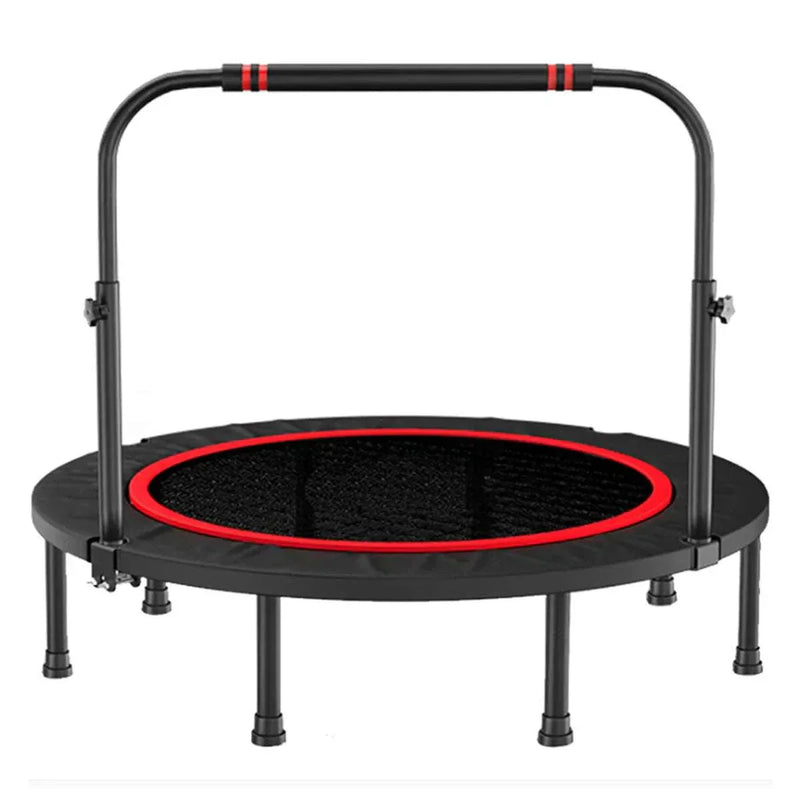 48-inch foldable fitness trampoline with adjustable handlebar, round shape, black and red, steel and nylon, max load 716 lbs.