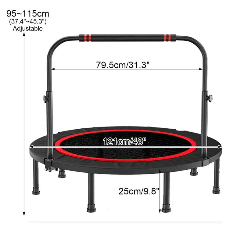 48-inch foldable fitness trampoline rebounder with adjustable handlebar, durable steel structure, black and red design, suitable for adults, max weight 716 lbs.