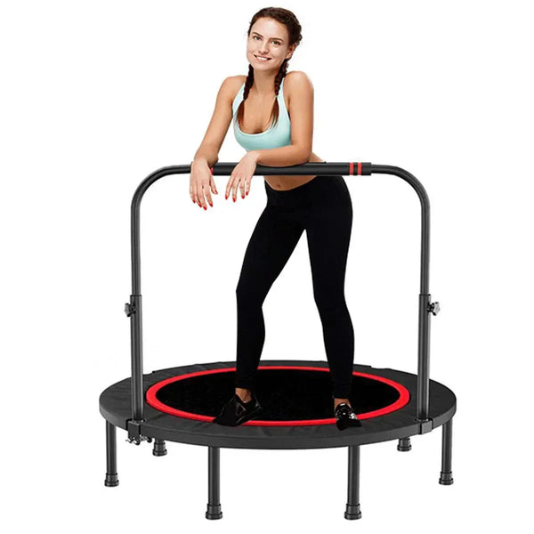 48 inch foldable fitness trampoline with adjustable handle, black and red, steel frame.