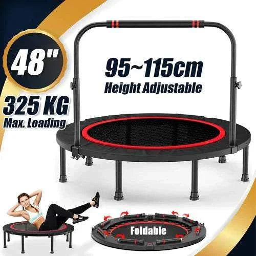 48-inch foldable fitness trampoline with adjustable handle, black and red, 325 kg max load.