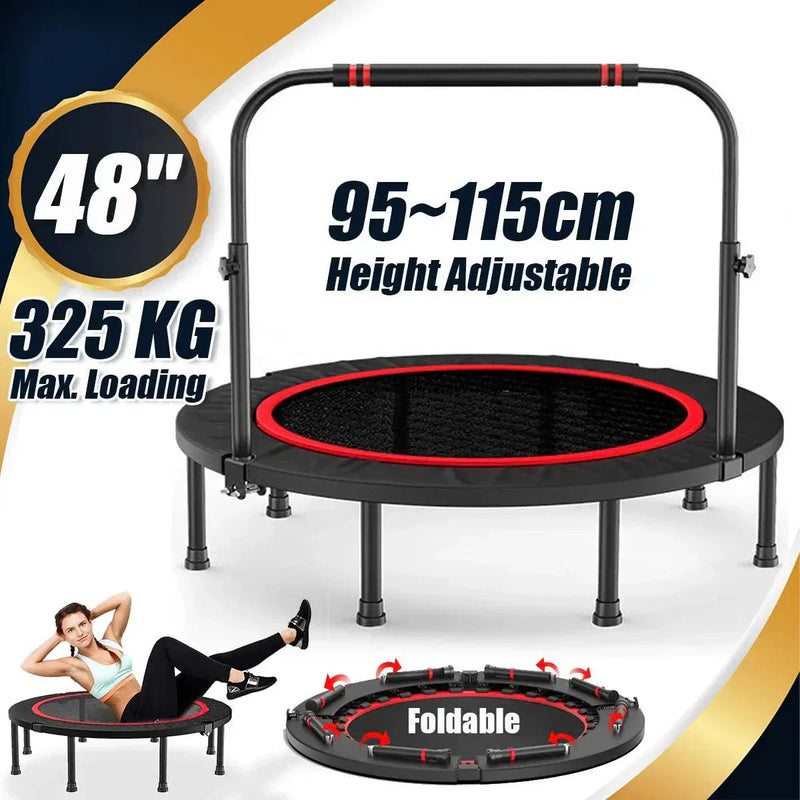 48 inch foldable fitness trampoline with adjustable handle, 325 kg max load, black and red design.