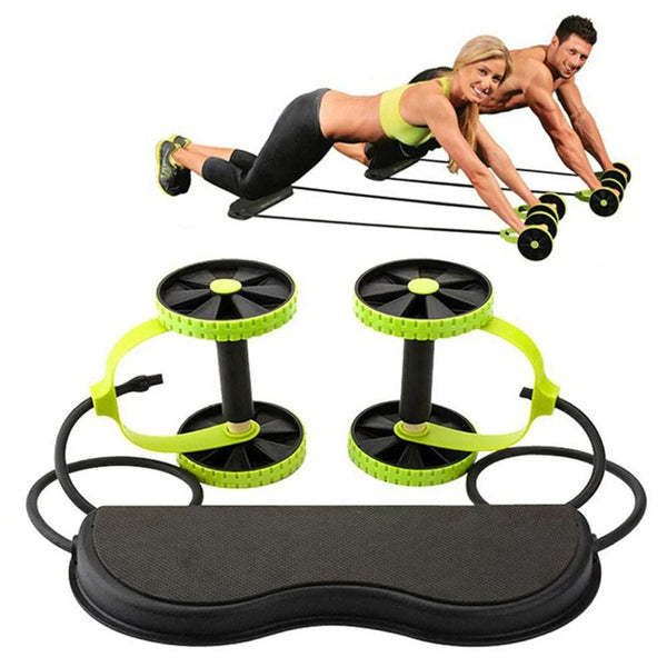 Ab Roller Multifunction Pull Rope Wheeled Health Abdominal Muscle Training Home Fitness Equipment in green with knee support.