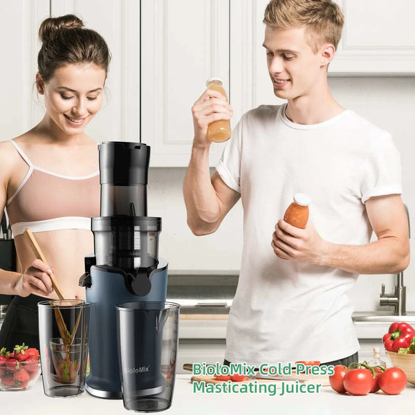 Cold Press Juicer by BioloMix with 78mm feed chute in kitchen setting.