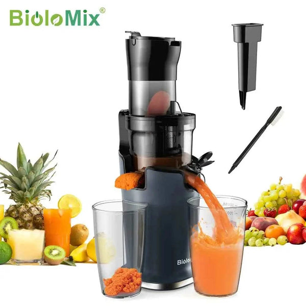 Cold Press Juicer by BioloMix with 78mm feed chute and quiet DC motor, designed for efficient and easy juicing of whole fruits and vegetables.