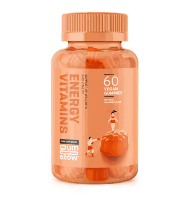 Gumellow Energy Vitamins bottle with 60 vegan orange-flavored gummies for energy and vitality.