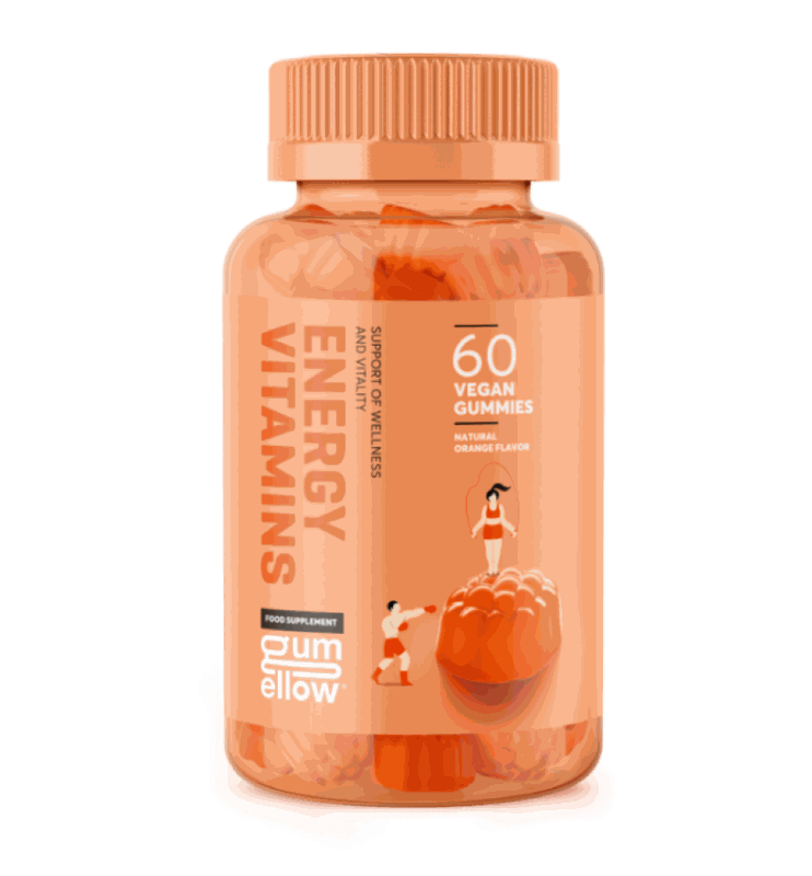 Gumellow Energy Vitamins bottle with 60 vegan orange-flavored gummies for energy and vitality.