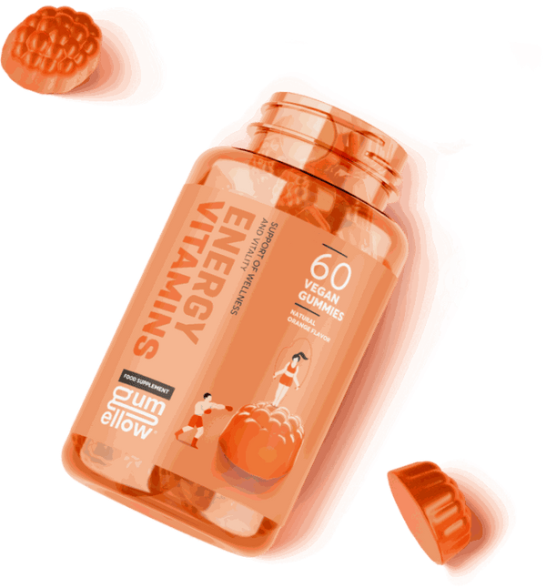 Gumellow Energy Vitamins bottle with 60 vegan gummies for energy boost.