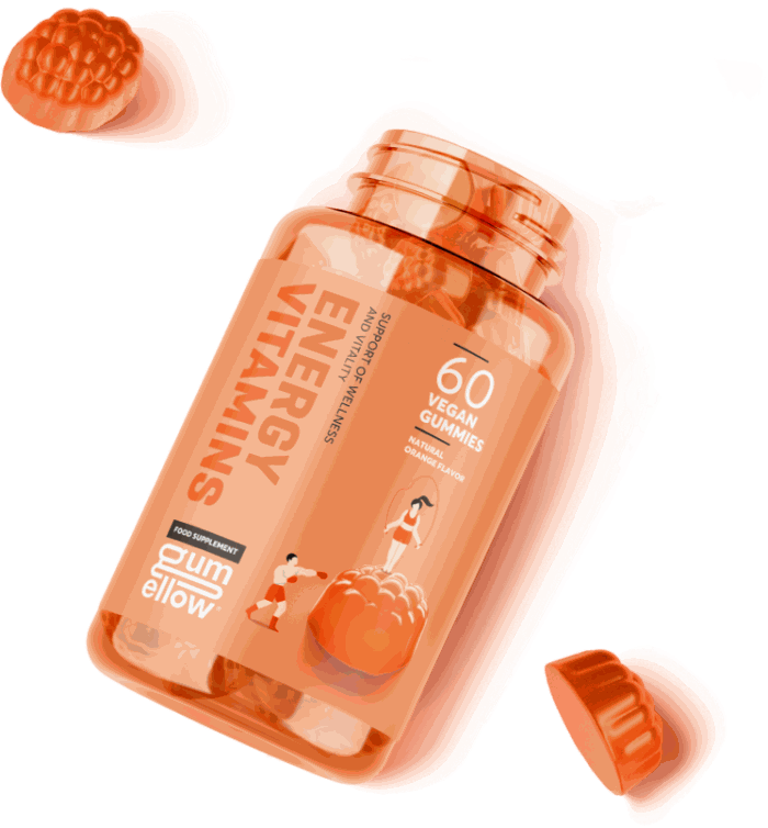 Gumellow Energy Vitamins bottle with 60 vegan gummies for energy boost.