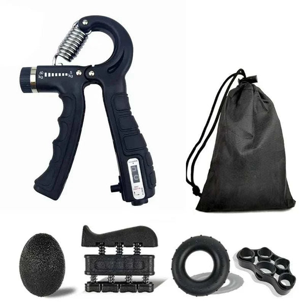 Adjustable hand grip strengthener with accessories for improving grip and forearm strength, portable fitness tool.