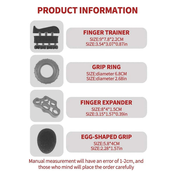 Hand grip strengthener, adjustable finger and forearm strengthening kit, product information with dimensions.