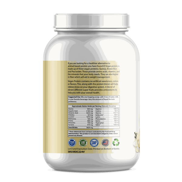 Plant based protein powder vanilla flavor jar with MCT oil and antioxidants.