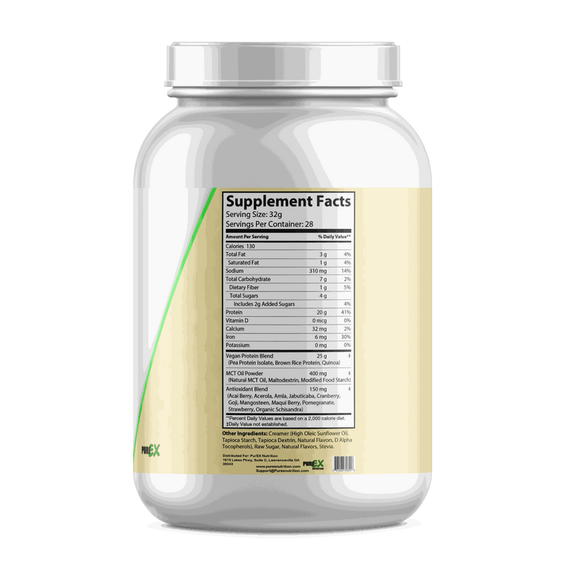 plant based protein powder container with nutritional information label