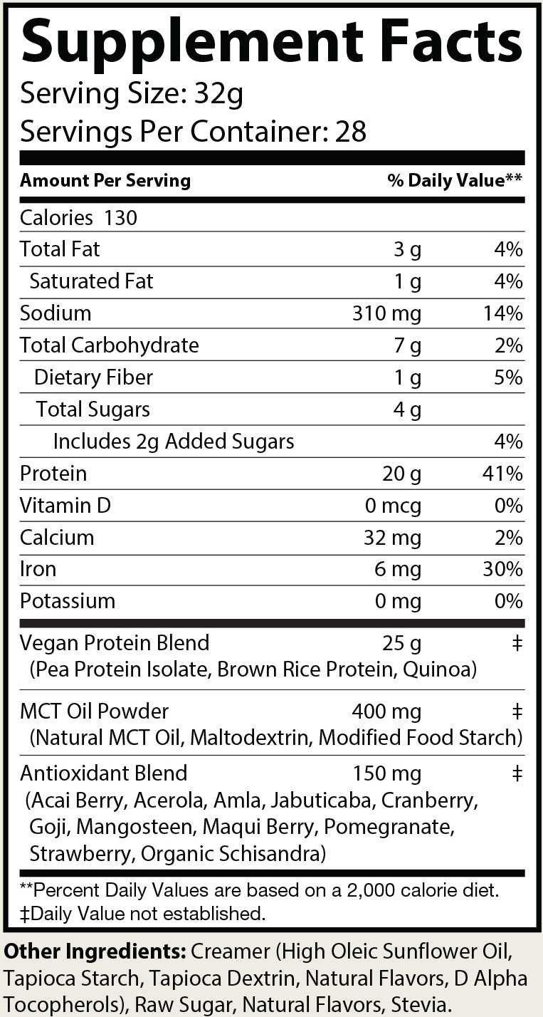 Supplement facts for plant based protein powder with 130 calories, 20g protein, MCT oil, and antioxidant blend.