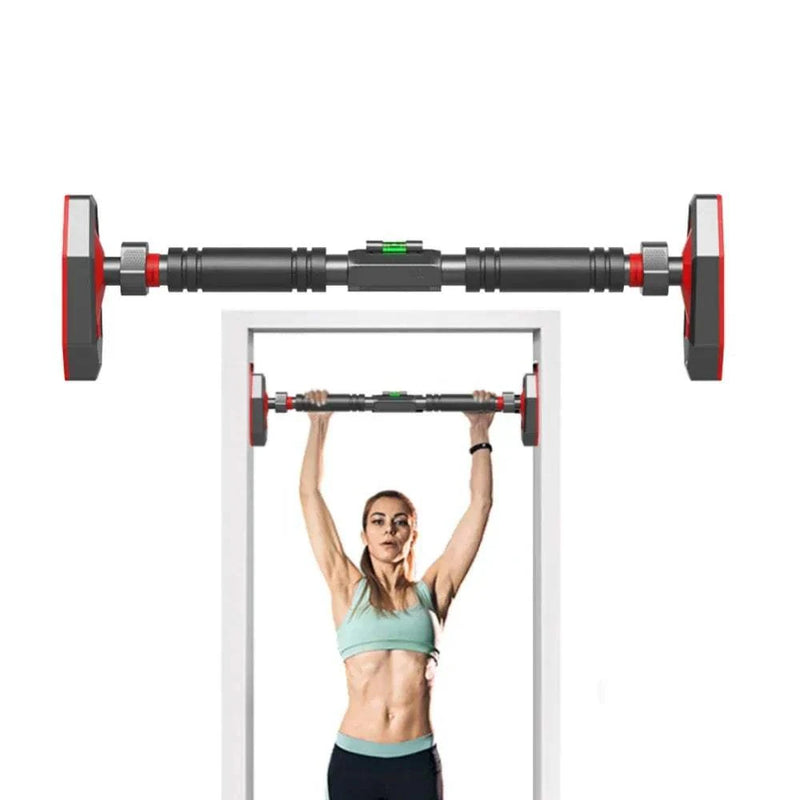 Telescopic pull up bar attached to door frame with non-slip design and durable construction.