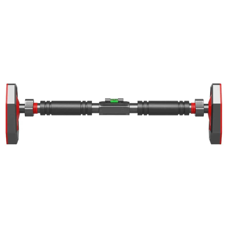 Telescopic pull up bar with non-slip design, featuring durable steel, rubber, and foam construction for secure home workouts.