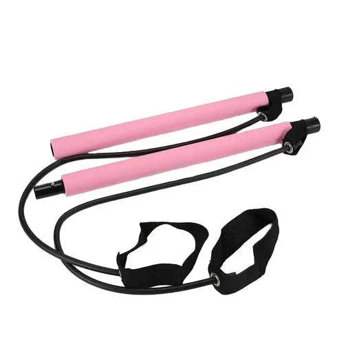 Portable pink resistance band bar with detachable metal tube and tension rope for home fitness and yoga exercises.