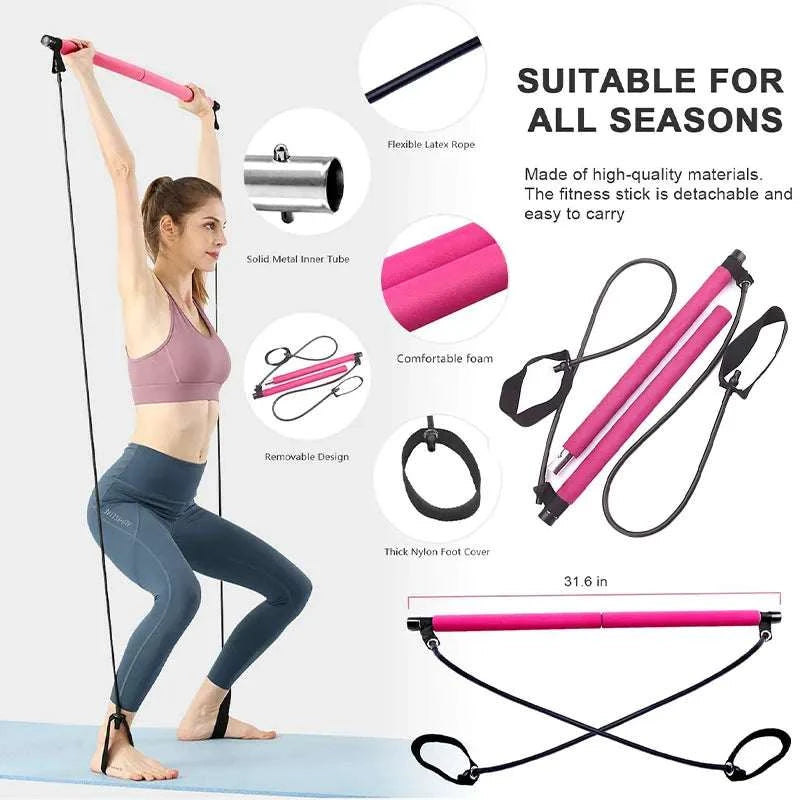 Resistance band bar for home fitness and yoga, portable gym tool for versatile exercises, lightweight and detachable design.