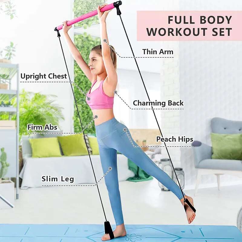 Resistance band bar for home fitness and yoga, full-body workout set, woman exercising indoors.