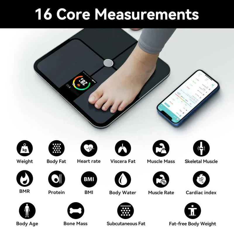 Smart scale displaying body analysis on TFT screen with mobile app showing 16 core measurements.