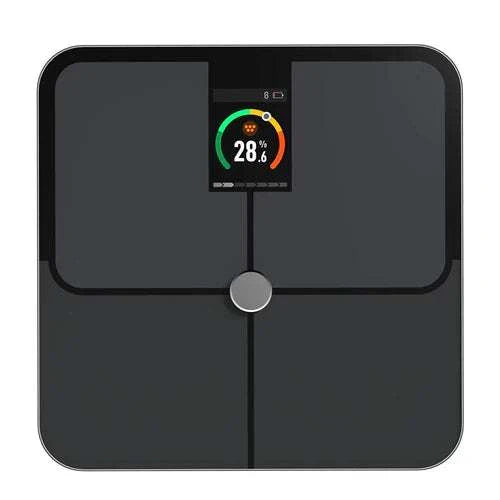 Smart scale with digital body fat measurement and TFT color screen display.