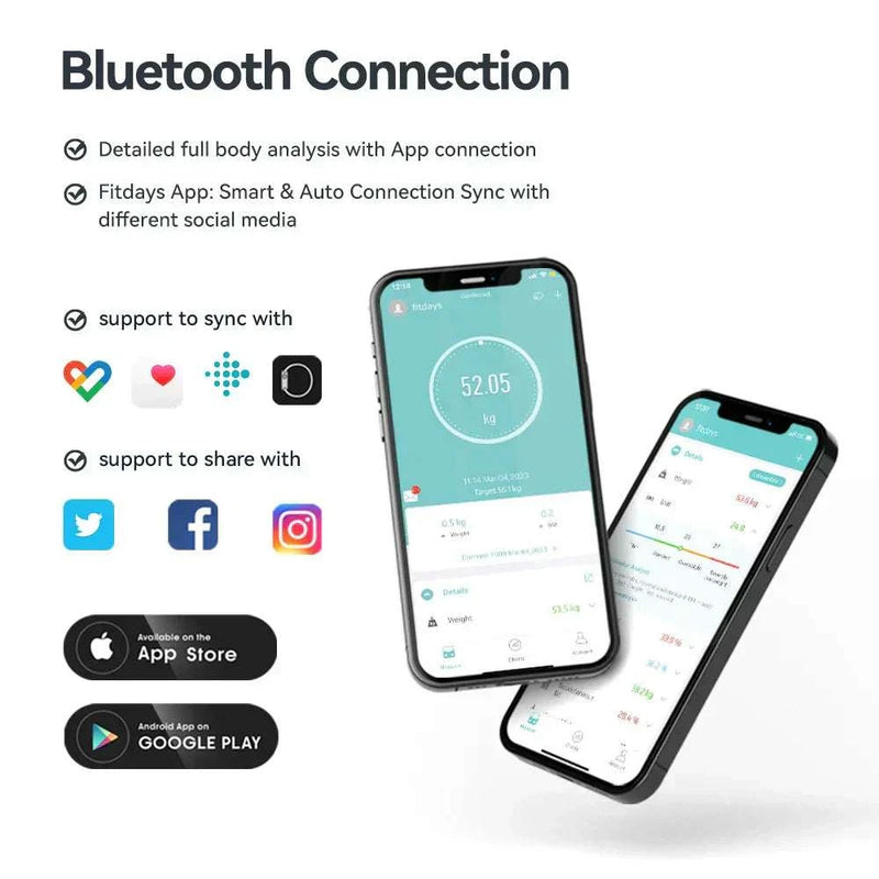 Smart scale with bluetooth connectivity for full body analysis with Fitdays App, digital body fat scales, smartphone integration.