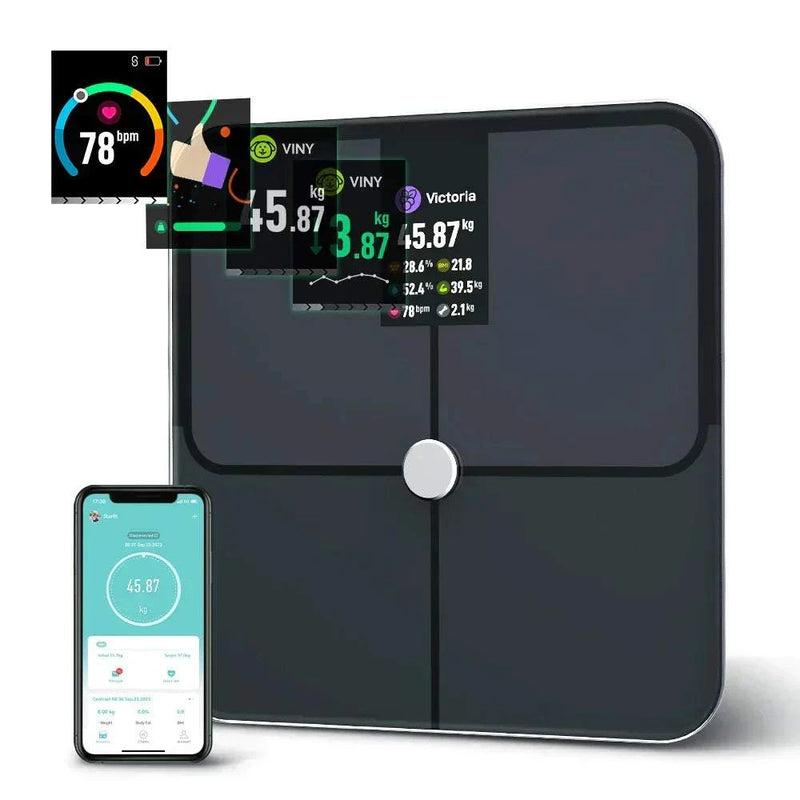 Smart scale with digital body fat analysis and TFT color screen, Bluetooth connectivity to Fitdays app, displaying health metrics.