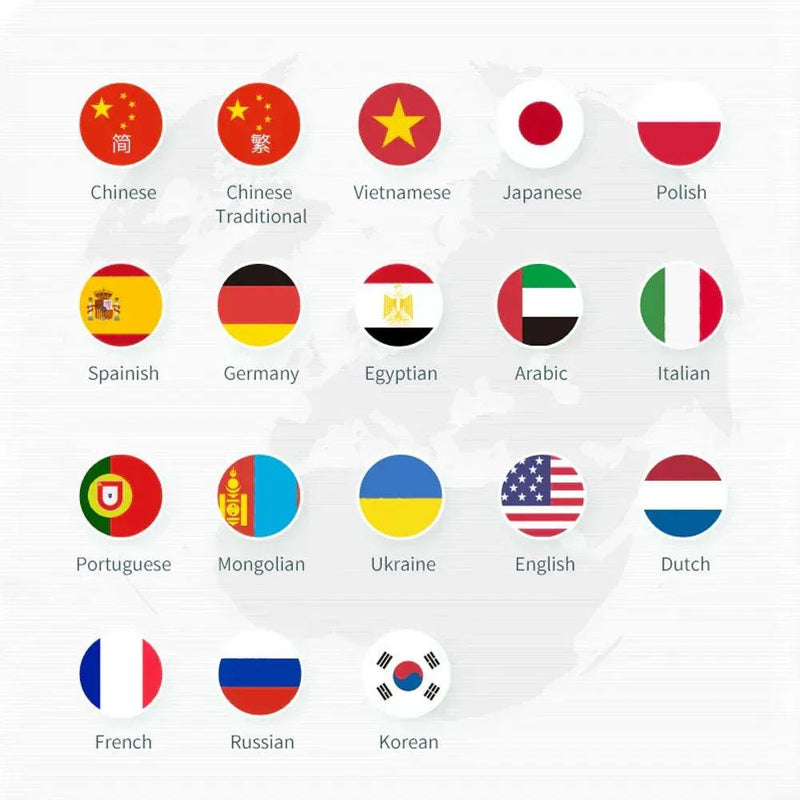 Smart Scale with multilingual support for 23 global languages, including Chinese, Spanish, and English.