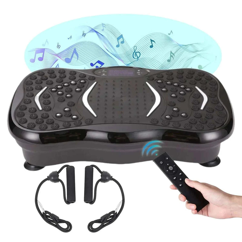 Vibrating exercise machine with remote, ropes, and music feature, promoting full-body vibration workout and muscle toning.