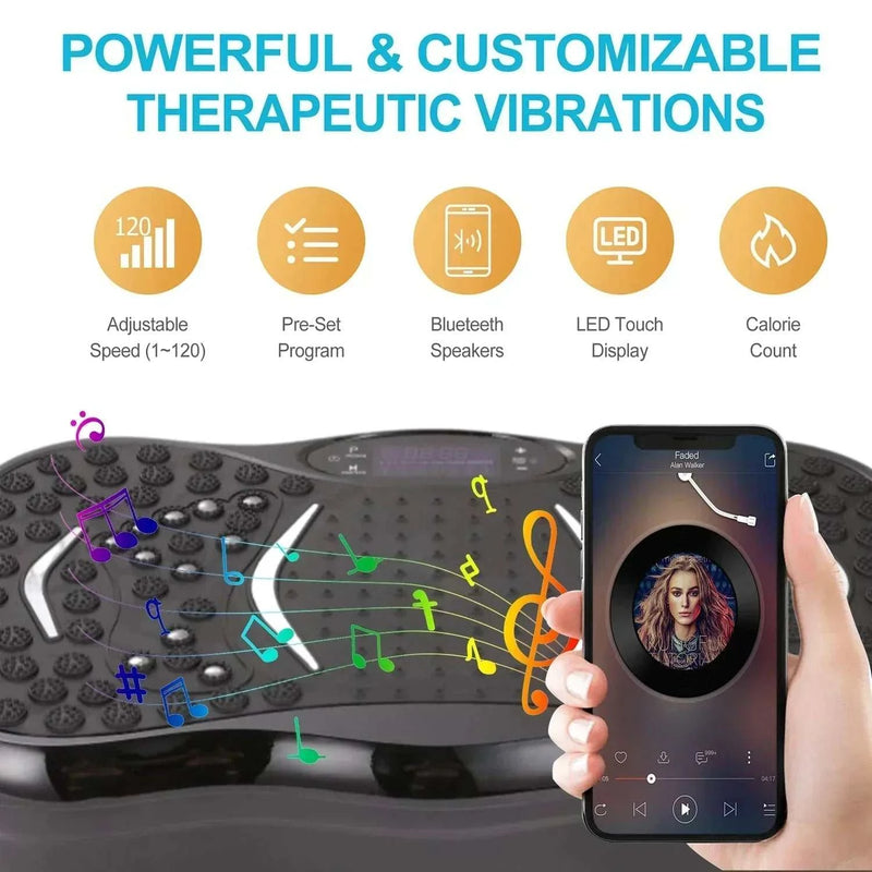 Vibrating exercise machine with adjustable speed, LED display, Bluetooth speakers, and therapeutic vibrations.