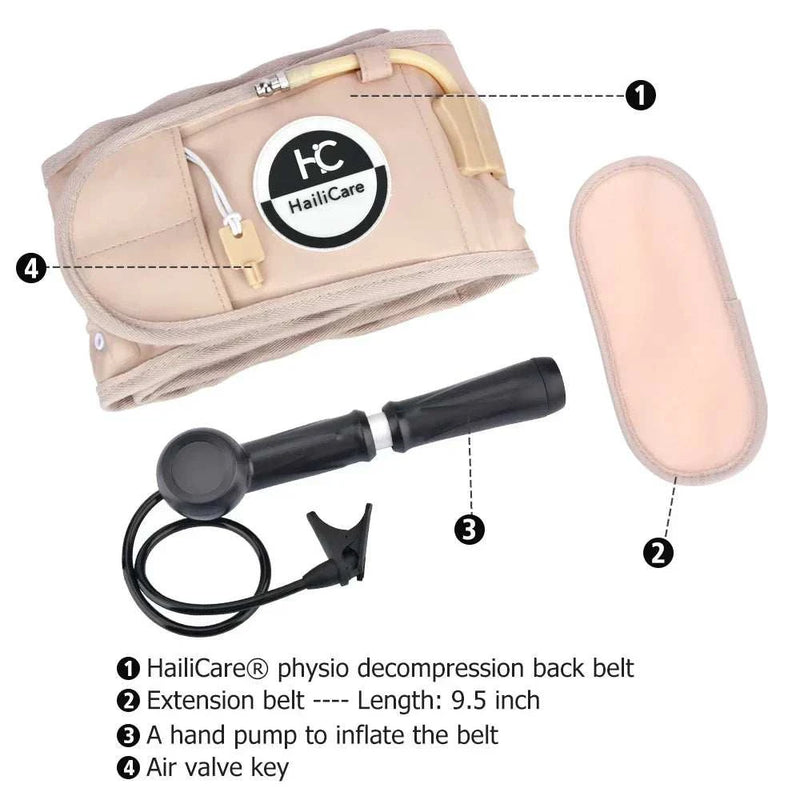 Inflatable waist support belt with air pump and extension, used for decompression and lumbar support therapy.