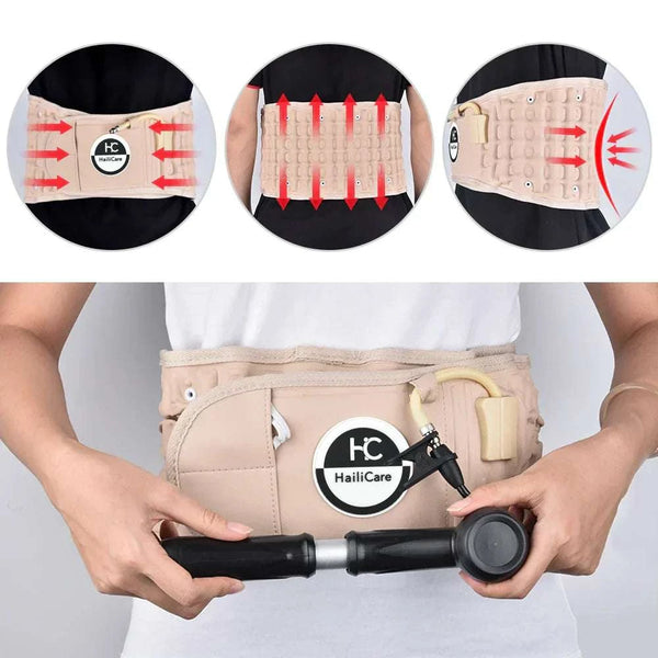 Inflatable waist support belt with vertical traction and magnetic therapy.