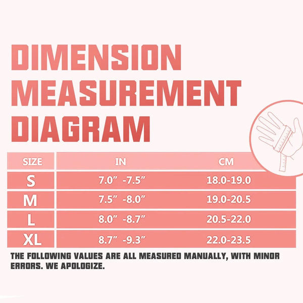 Size chart for GOUNOD weightlifting gloves, detailing measurements in inches and centimeters for sizes S, M, L, and XL.