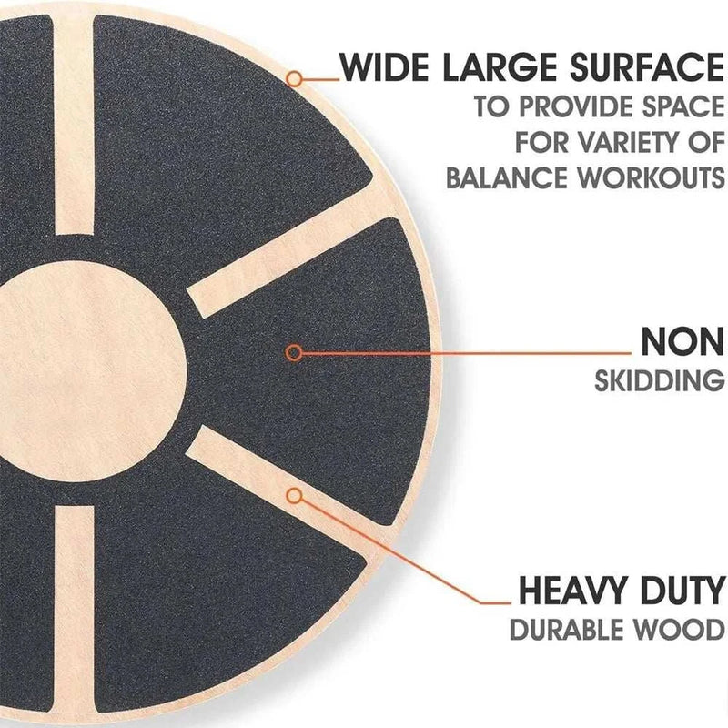 Wooden balance board with non-slip surface for diverse workouts, highlighting wide surface and durable wood construction.