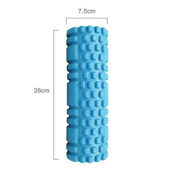 Blue yoga roller for muscle relaxation and flexibility, size 26cm x 7.5cm.